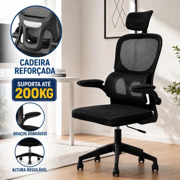 Cadeira de Escritório Ergonômica Cadeira DG Giratória Com Apoio Lombar e Braços Dobráveis Espuma Viva