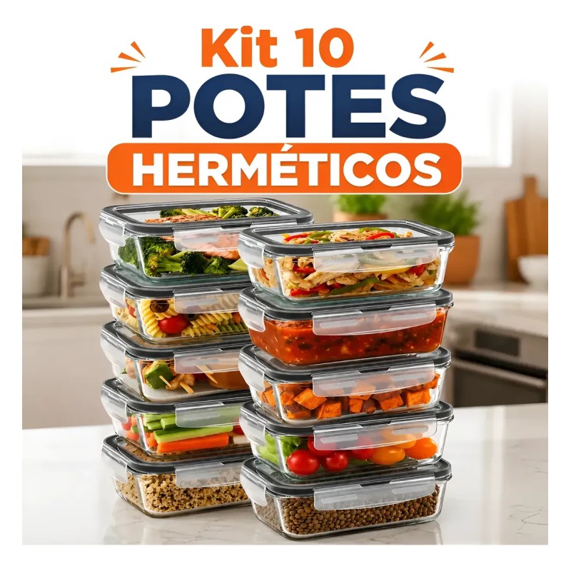 Kit 10 Potes Herméticos De Vidro 640ml Kit Marmita Fitness