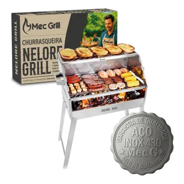 Churrasqueira A Carvão Portátil Móvel Churrasqueira Inox Nelore Grill Mec G 50x30cm Prata
