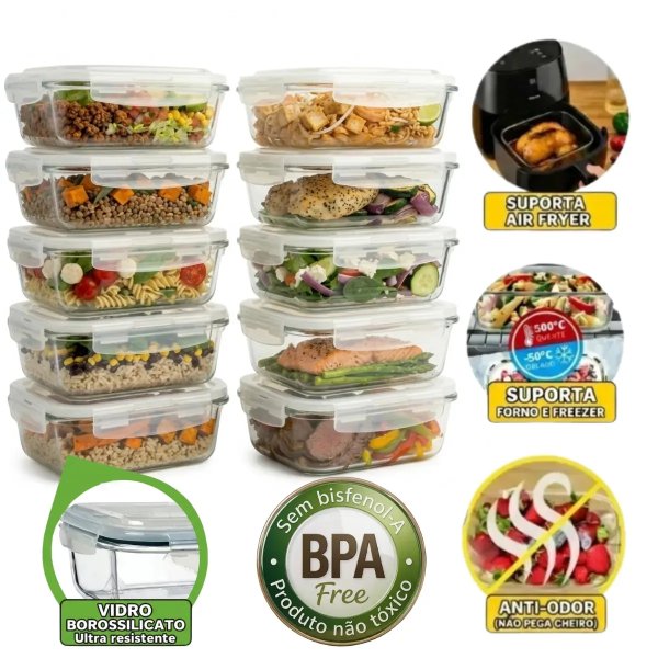 Kit 10 Potes Herméticos De Vidro 370ml Retangular Com Tampa Hermética 4 Travas Marmita Fitness Freezer Cozinha Mantimentos Pítia