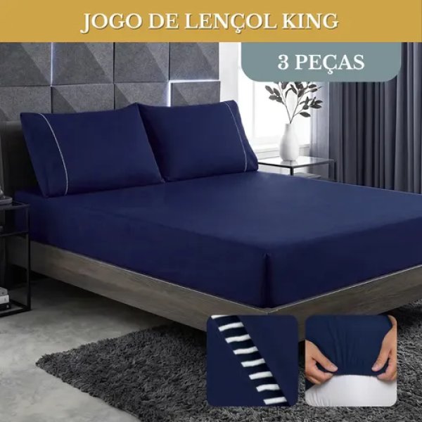 Jogo De Lençol Cama King 03 Peças 400 Fios Ponto Palito Cor Azul-marinho Desenho Do Tecido Lisa