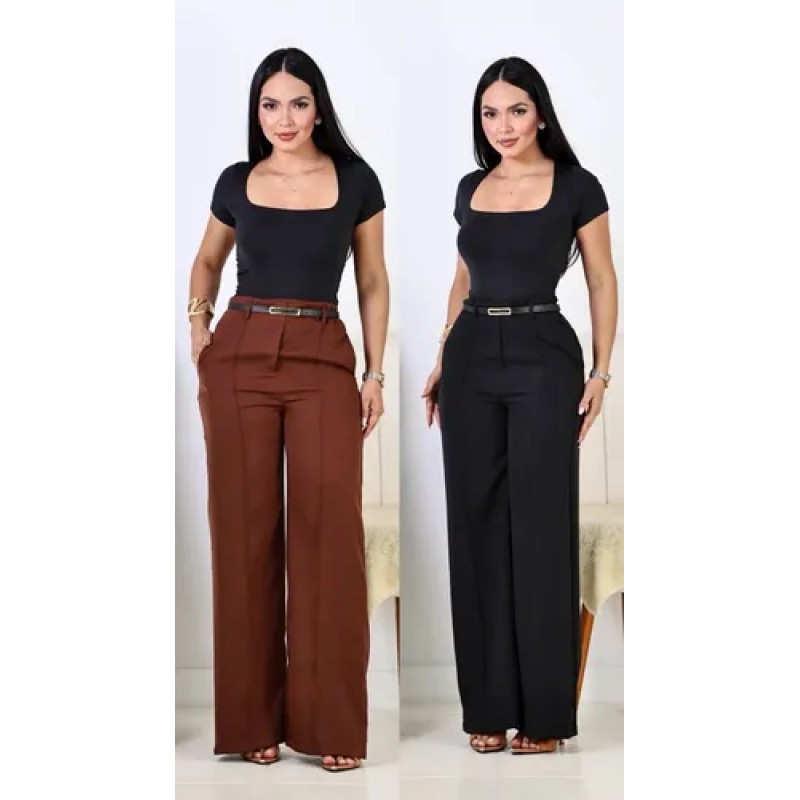 Kit 2 Calça Pantalona Feminina Alfaiataria Elegante C/ Cinto