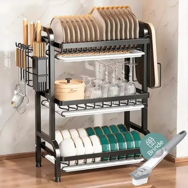 Escorredor De Louça Bancada Secador Organizador Aço Inox Porta Talher Cor Preto 3 Andares + Escova Brinde Brielli Home