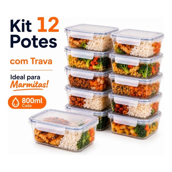 Kit 12 Potes Marmita Com Trava Lateral Freezer Microondas