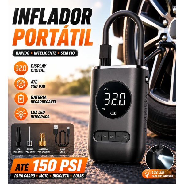 Compressor de ar portátil, inflador de pneu mini com bateria recarregável.