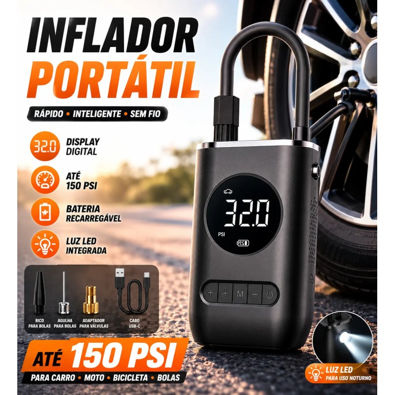 Compressor de ar portátil, inflador de pneu mini com bate...