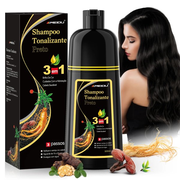 MEIDU 3 em 1 Shampoo Tintura para Cabelo Castanho Escuro, Cobre Cabelos Brancos, Fórmula Natural com Ervas e Extrato de Ginseng, para cabelos femininos e masculinos, Efeito Salão