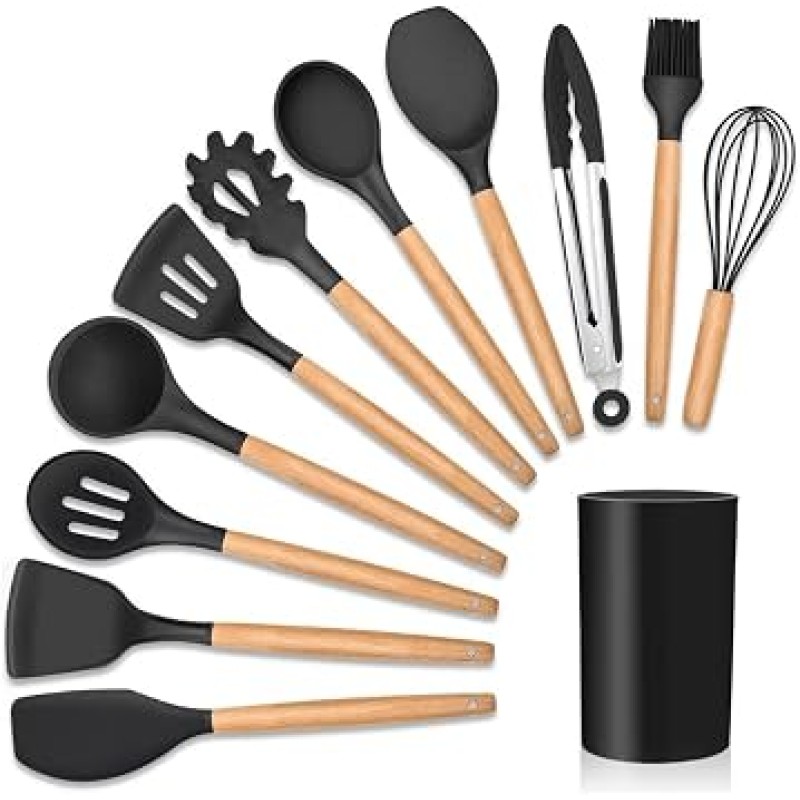 Kit 12 Utensílios De Cozinha Em Silicone E Cabo De Madeir...