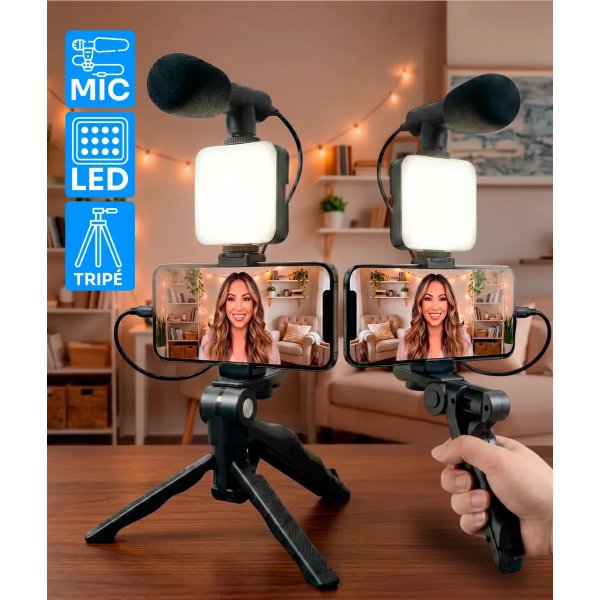 Kit de Gravação Youtuber Tiktoker Video Maker Estabilizador Com Microfone Tripé Led Vlog Profissional Para Celular iPhone/android Luz Led Para Gravação E Fotos Cor Preto - Good Vision