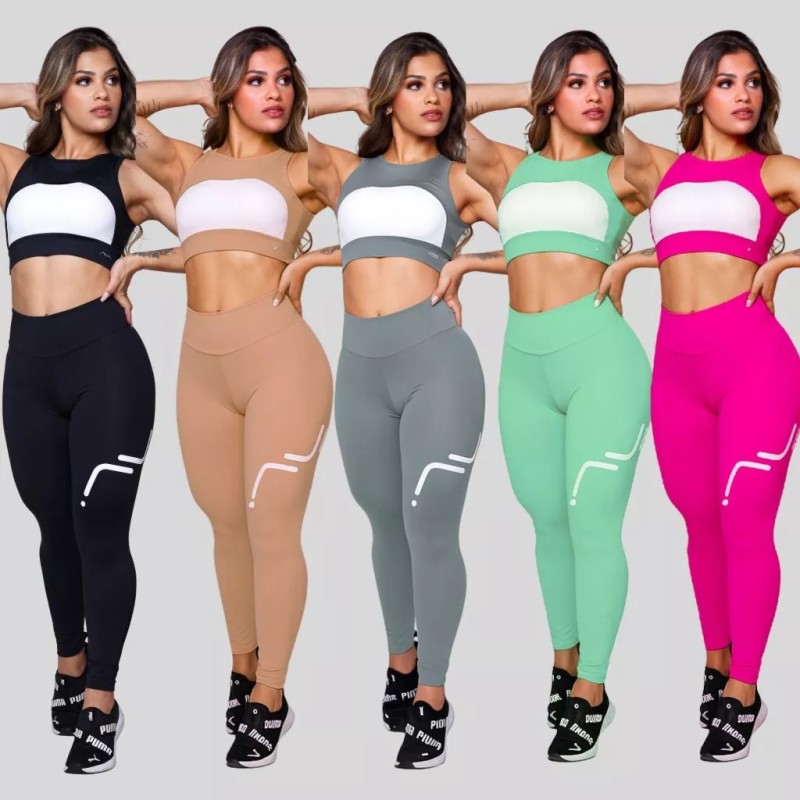 Conjunto Feminino Academia Suplex Poliamida Top Com Abert...