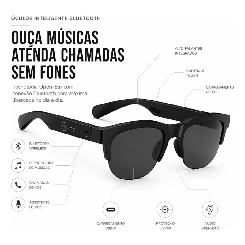 Óculos Inteligentes Bluetooth Áudio Integrado F-01 Sem Fo...
