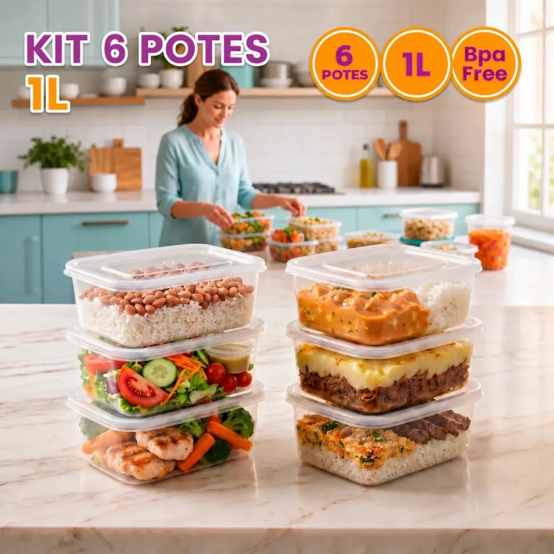 Kit 6 Potes 1 Litro Retangular BPA Free Transparente Plás...