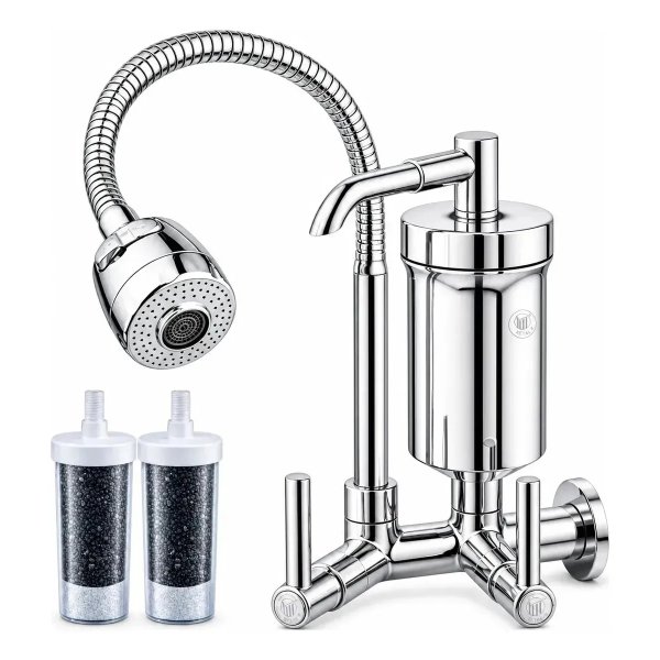 Torneira De Cozinha Com Filtro Gourmet 2 Jatos Tubo Flexível Refil Carvão Ativado Água Filtrada Purificada Marca Forte Lar Metais Parede Prateado Cromado Parede Cromado
