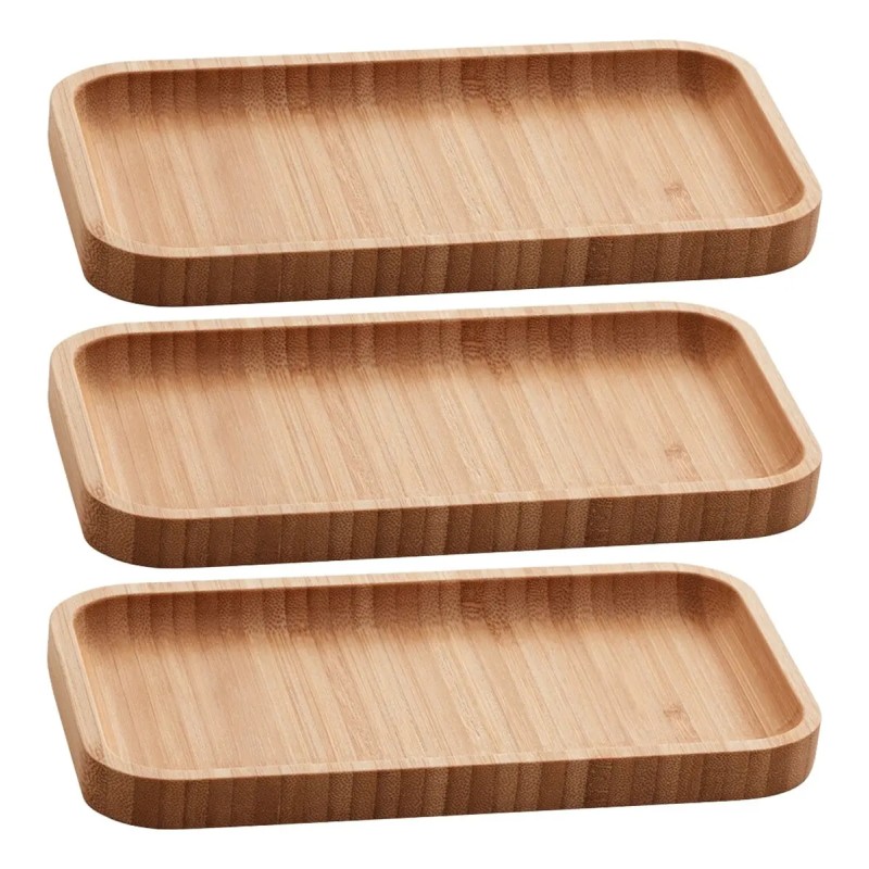 Kit 3 Bandejas De Bambu Retangular Para Cozinha 20x10cm P...