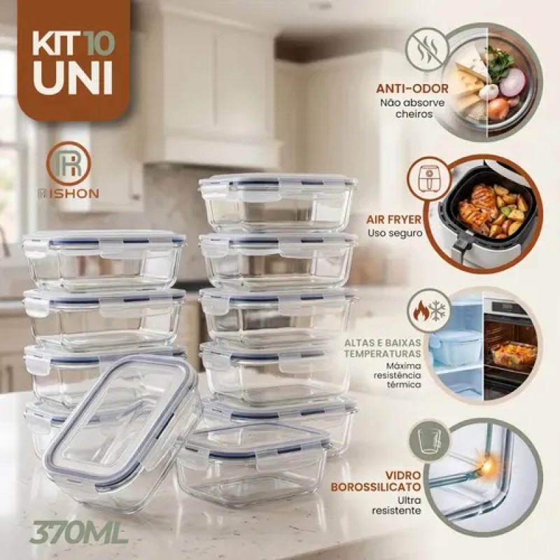 Kit 10 Pote De Vidro Marmita Hermético 370ml Freezer Fitn...