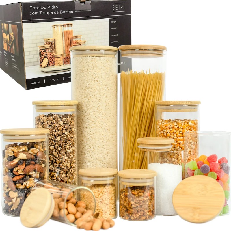 Kit 10 Potes Herméticos Vidro Tampa Bambu Seiri Para Mant...