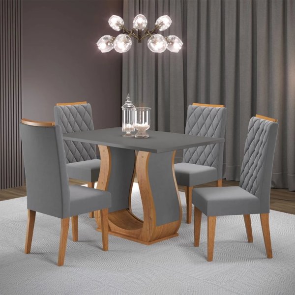 Mesa de Jantar 4 Lugares Los Angeles Mel/Cinza/Veludo Cinza - Viero Móveis