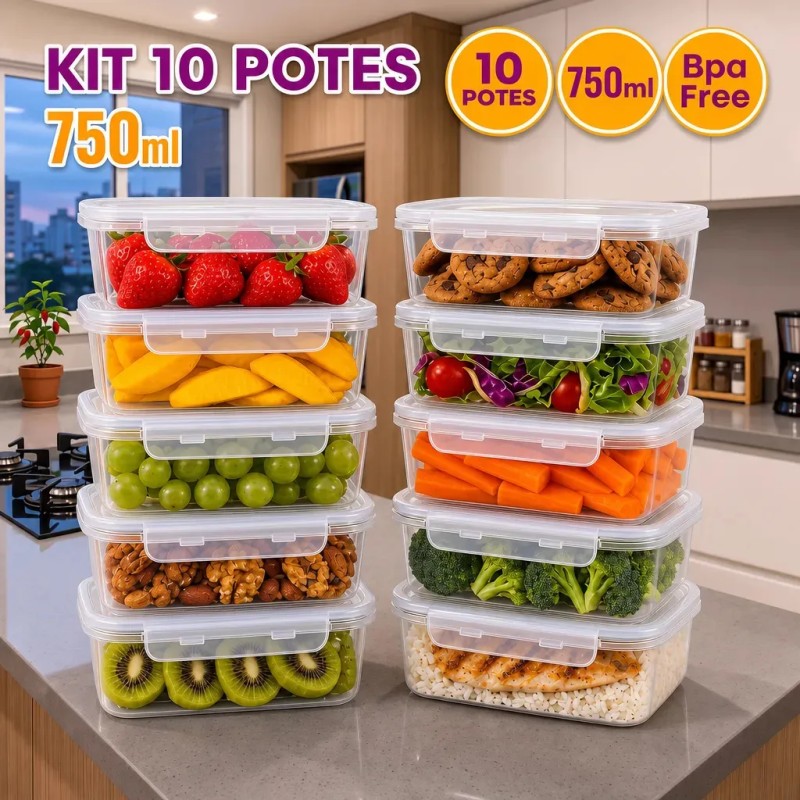 Kit 10 Potes 750ml com Tampa Trava Plástico Transparente ...
