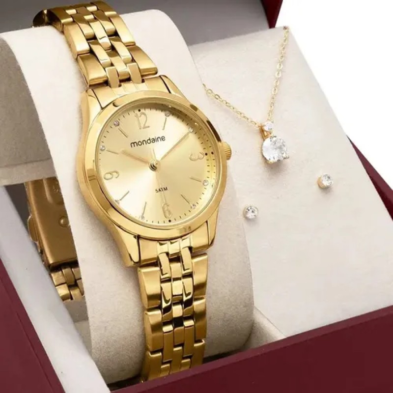 Kit Relógio Mondaine Pequeno Dourado E Colar De Cristal 3...