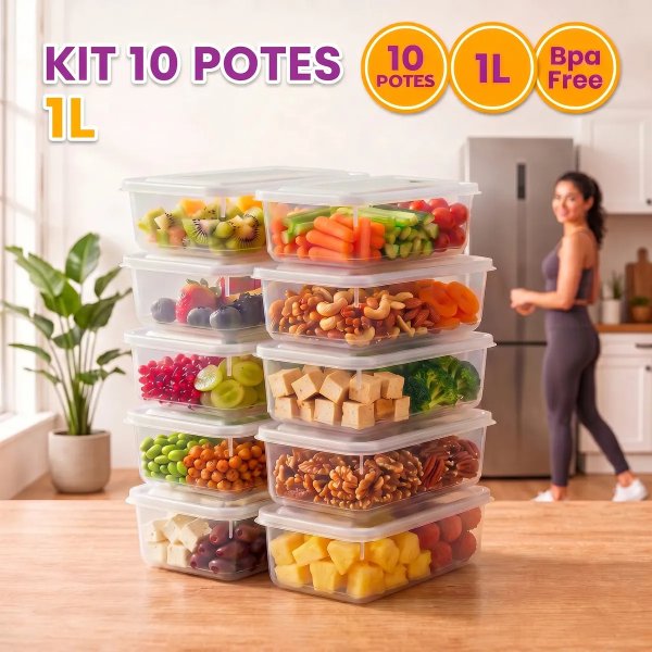 Kit 10 Potes 1 Litro Transparente Marmita Fitness Bpa Free Tampa Hermética Reutilizável Micro E Freezer ponte lar utilidades
