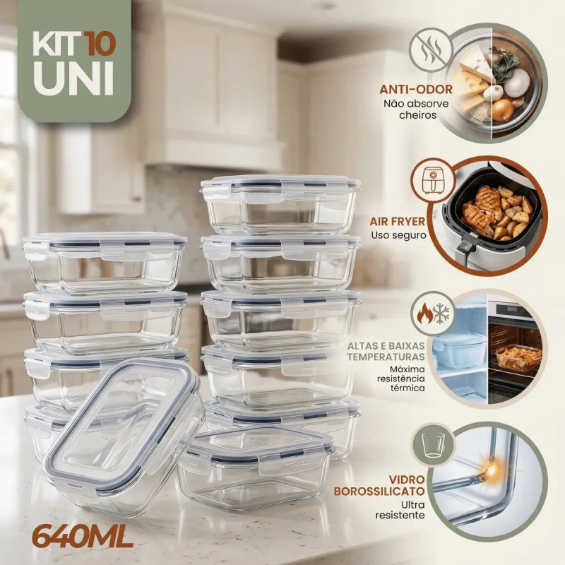 Kit 10 Pote De Vidro Marmita Hermético 640ml Freezer Fitn...