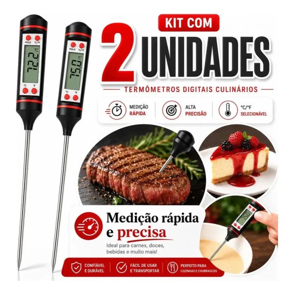 Kit 2 Termômetro Culinário Espeto Digital Cozinha Kr-tdc2 Temperatura De Alimentos E Bebidas Líquidos Profissional Gurumania