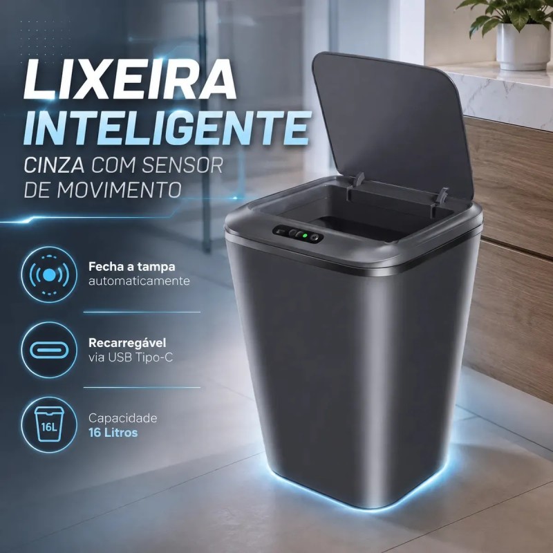 Lixeira Inteligente Automática Cinza Universal Com Sensor...