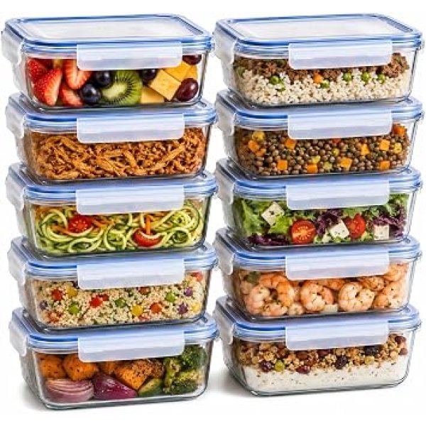 Kit 10 Potes de Vidro Herméticos 640ml com Tampa e 4 Travas | Marmitas Reutilizáveis | Vedação Total | Refratário para Forno, Micro-ondas, Freezer e Geladeira | Livre de BPA