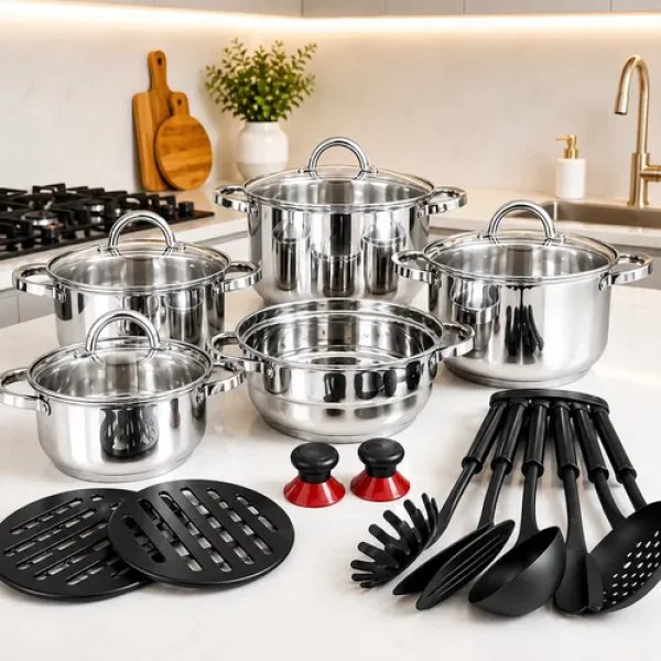 Jogo Panelas Inox 19 Peças Genebra Completo C/ Utensílios