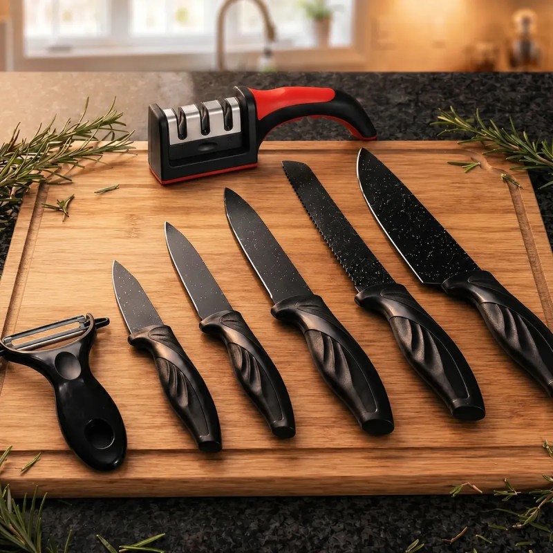 Kit Jogo De Facas 7 Peças Cozinha Aço Inox Corte Afiado A...
