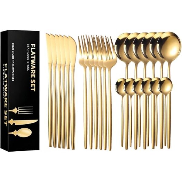 Faqueiro 24 Peças em Aço Inox 416 - Jogo de Talheres Premium com Caixa Litografada, Polido e Espelhado de faca e garfo Conjunto para Mesa Posta e Utensílios de Casa/Restaurante (Dourado)