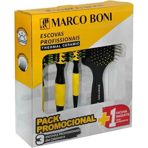 Marco Boni Kit Prof 3 Escovas Thermal Ceramic E 1 Escova Raquete Desembaraçante 6204 Amarelo 4 Unidades.