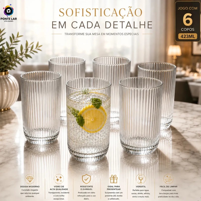 Jogo 6 Copos Vidro Canelado 423ml Moderno Elegante Premiu...