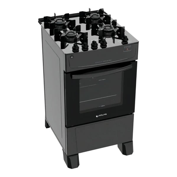 Fogão 4 Bocas Atlas Mônaco Top Glass com Mesa de Vidro e Acendimento Automático Preto Bivolt