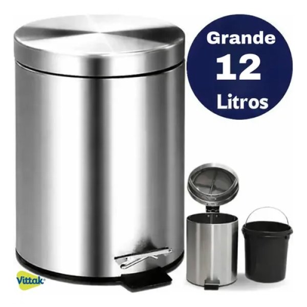 Vittak Lixeira Inox C/ Pedal E Balde Cesto Lixo Removível 12l Banheiro Cozinha