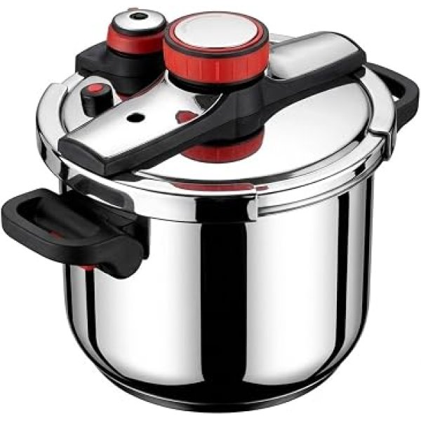 Panela de Pressão Aço Inox 6 Litros Fundo Triplo Indução e Gás - Segurança Tripla e Cozimento Rápido - Modelo Premium Polido
