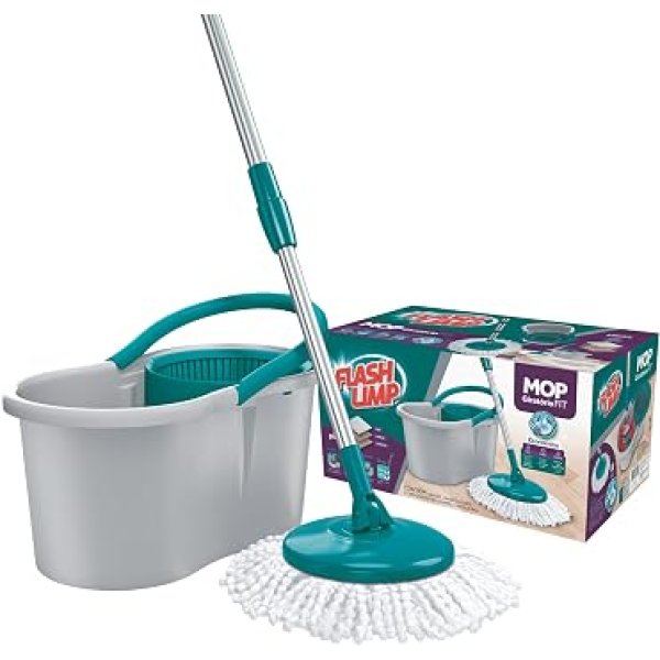 Mop FIT Giratório com 2 refis microfibra, balde com 8 litros, MOP5010, Flash Limp