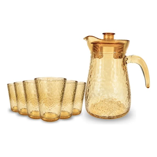Conjunto Jarra e 6 Copos Âmbar 7 Peças Vidro Acrílico 900ml