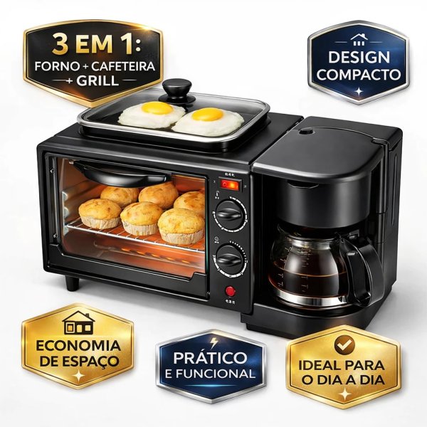 Forno De Bancada Elétrico 3 Em 1 Cafeteira Forno E Grill Preto