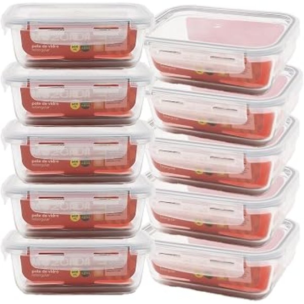 Mozcada - Kit 10 Potes de Vidro Marmita 600ml Hermético com Trava Retangular