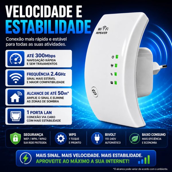 Repetidor de Sinal Wifi Amplificador de Internet 300Mbps Extensor Wireless 2.4GHz WPS