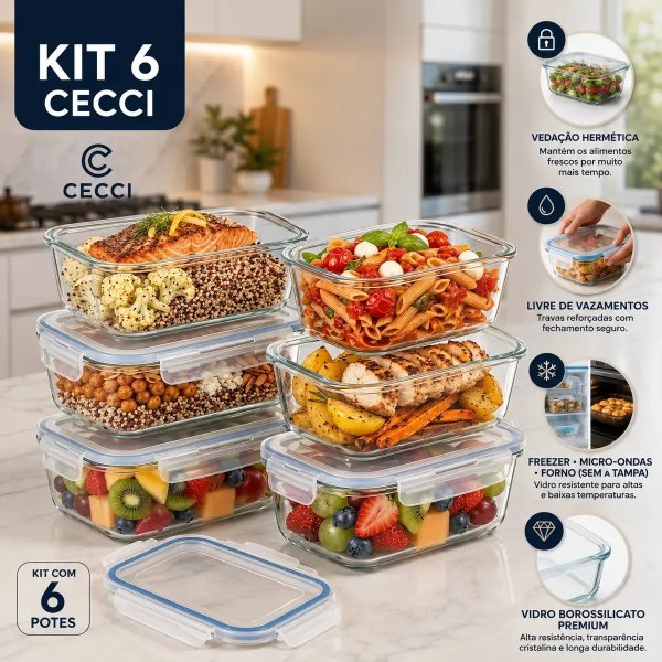 Kit 6 Potes de Vidro Herméticos Retangulares 640 mL para Marmita, Freezer e Organização