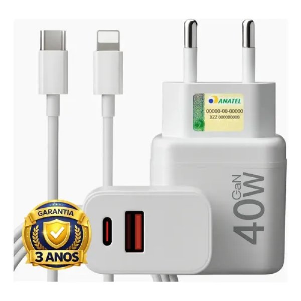 Carregador Turbo 40w Compativel Com iPhone 8 X Xr 11 12 13 14 Pro Max Usb Tipo C Duplo