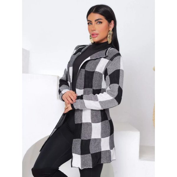 Cardigan Xadrez Casaco Kimono Sobretudo Tricô Moda Inverno Elegante Feminino Frio Lã Boho