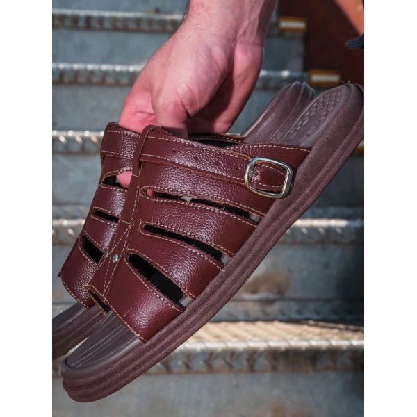Sandália Chinelo Masculino Em Couro Legítimo Anti Stress Anatômico Ortopédico