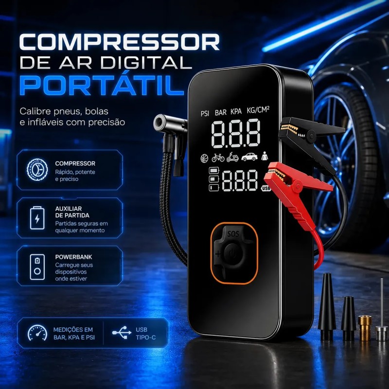 Bomba Elétrica Portátil Digital Para Encher Pneu De Carro...
