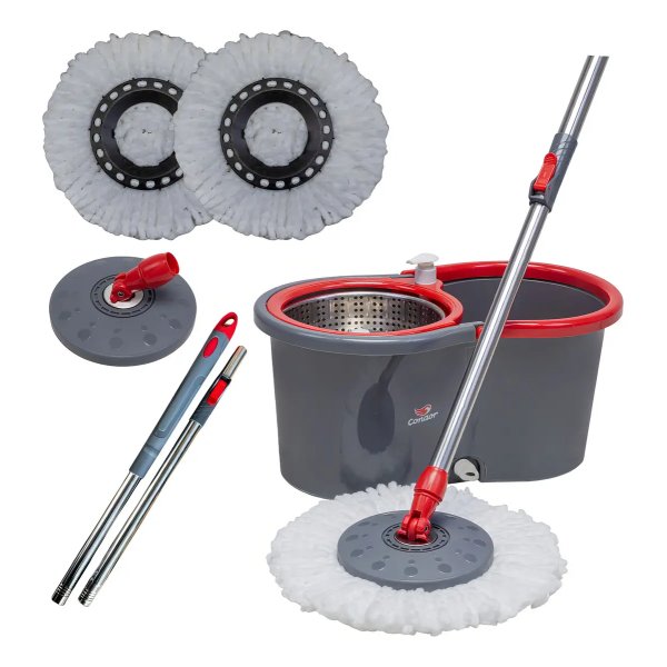 Mop Esfregão Giratório Condor Balde Inox 13 Litros + Refil Microfibra + Cabo Longo 1,4 Metros