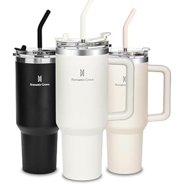 Romantic Crown Copo Térmico com Canudo Tampa e Alça 1,18L, Copos Garrafas Termico para viagem vácuo dupla camada aço inoxidável, Caneca Termica Cafe Água Chá,Presente, Fitness (Creme)