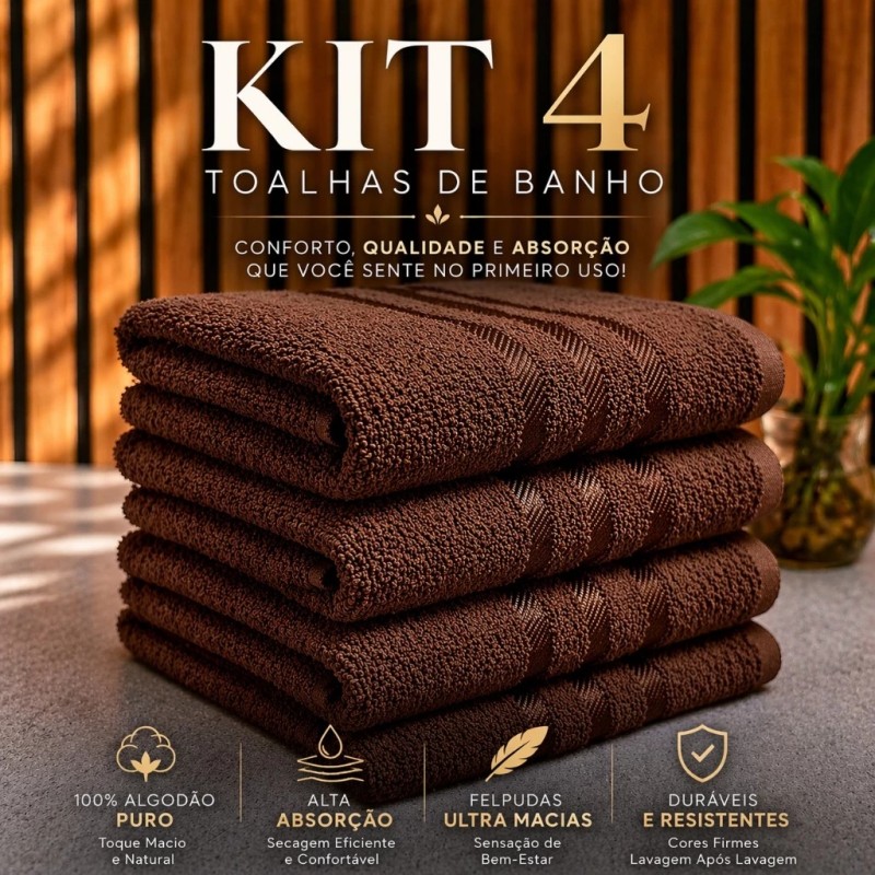 Kit 4 Toalhas - Banho Felpudas Ultra Macias 100% Algodão ...