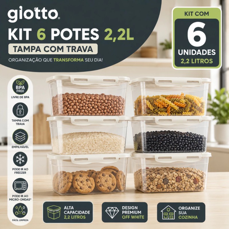 Kit 6 Potes Com Tampa e Trava 2,2L Alto Off White Freezer...